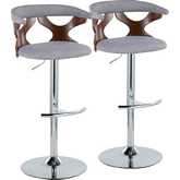 Gardenia Adjustable Swivel Bar Stool in Chrome, Walnut Wood & Light Grey Fabric (Set of 2)